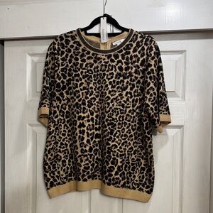 Chico's Animal Print Crew Neck Sweater - Black and Tan with rhinestone collar.